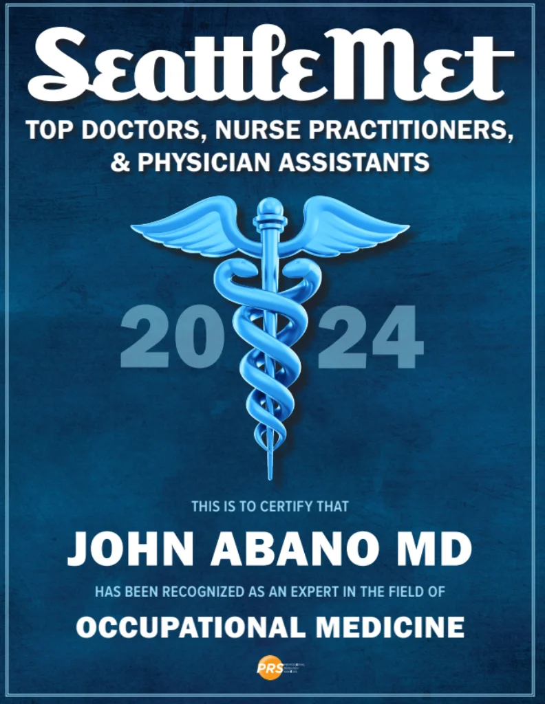 SeattleMet Top Doctors 2024 badge – John Abano MD, Occupational Medicine expert at Work Well Clinics