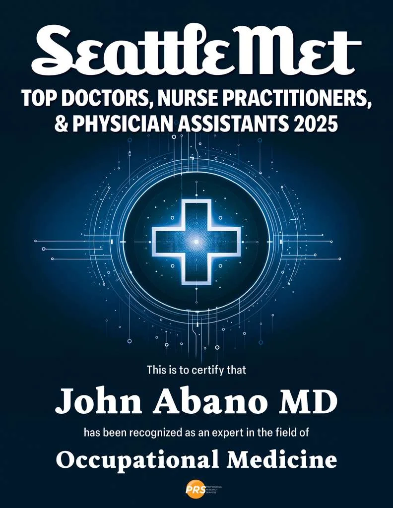 SeattleMet Top Doctors 2025 badge – John Abano MD, Occupational Medicine expert at Work Well Clinics