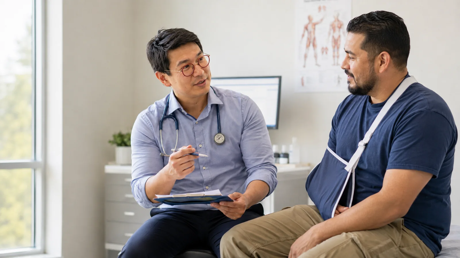Médico de medicina ocupacional atendiendo a un trabajador lesionado en la clínica L&I de Washington