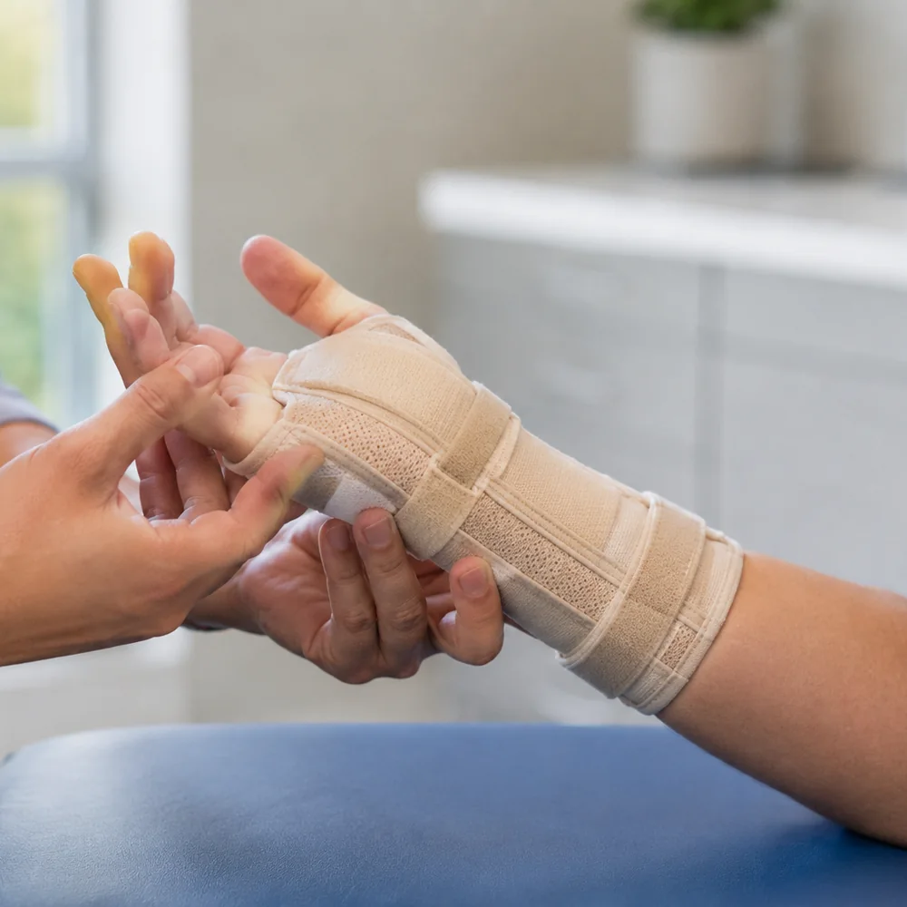 Wrist brace fitted to an injured worker's hand during an occupational medicine exam