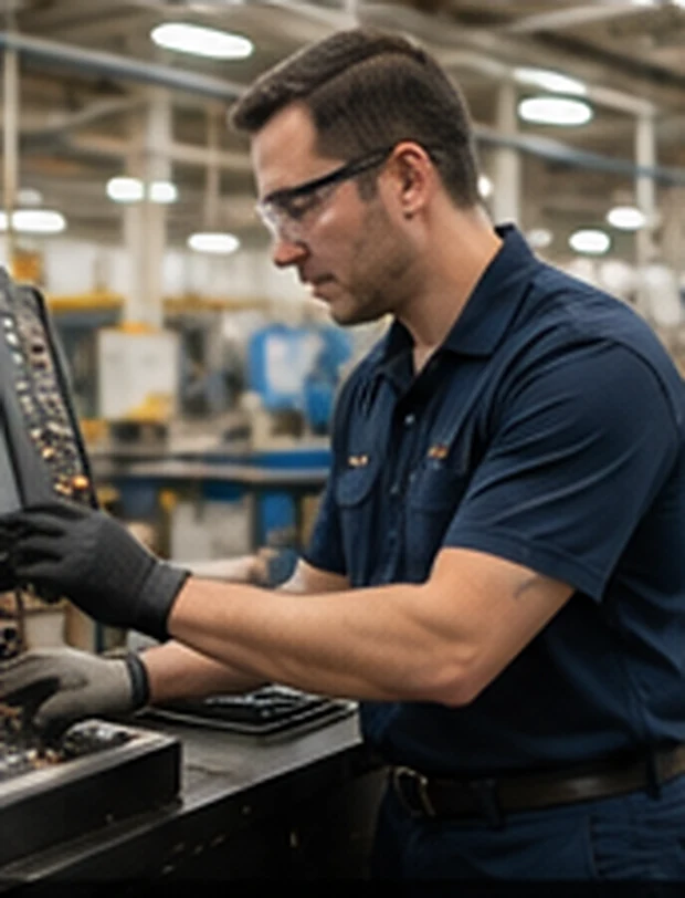 Manufacturing employee operating equipment in a Washington industrial facility, representing workers served by occupational medicine