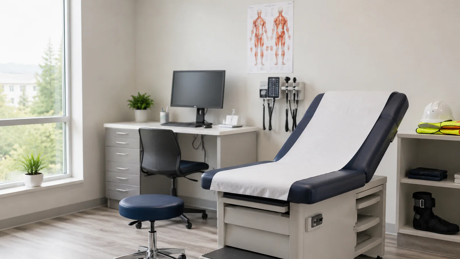 Exam room at Work Well Clinics equipped for occupational medicine and injured worker evaluations