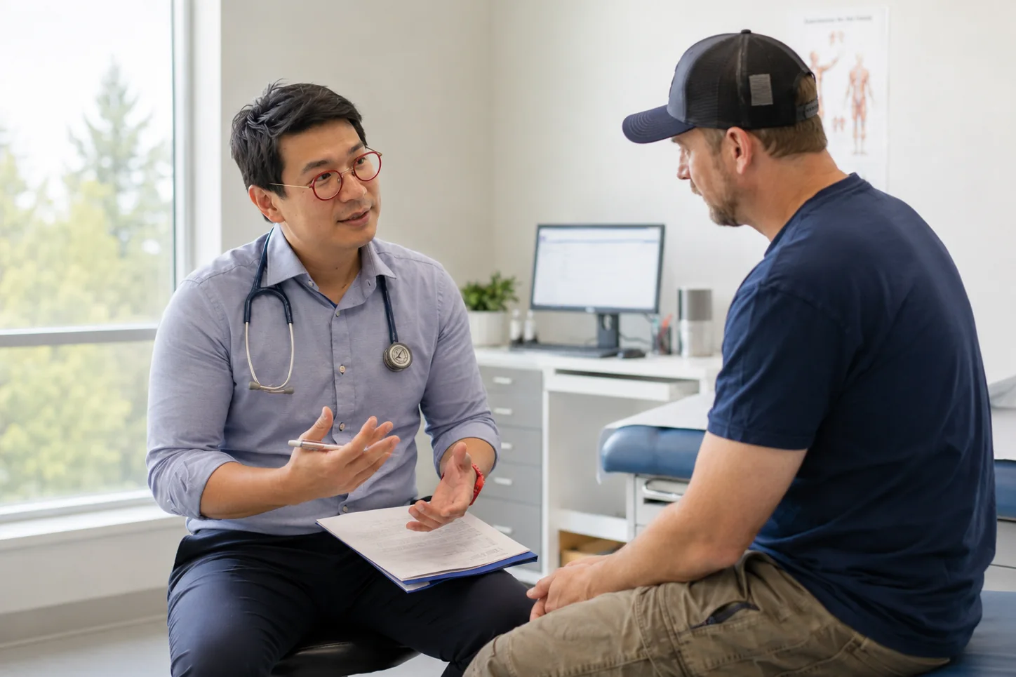 Work Well Clinics physician reviewing an L&I claim and treatment plan with an injured worker