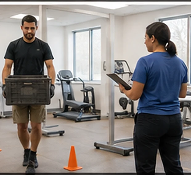 Injured worker completing a physical capacity and work-readiness assessment at an occupational medicine clinic