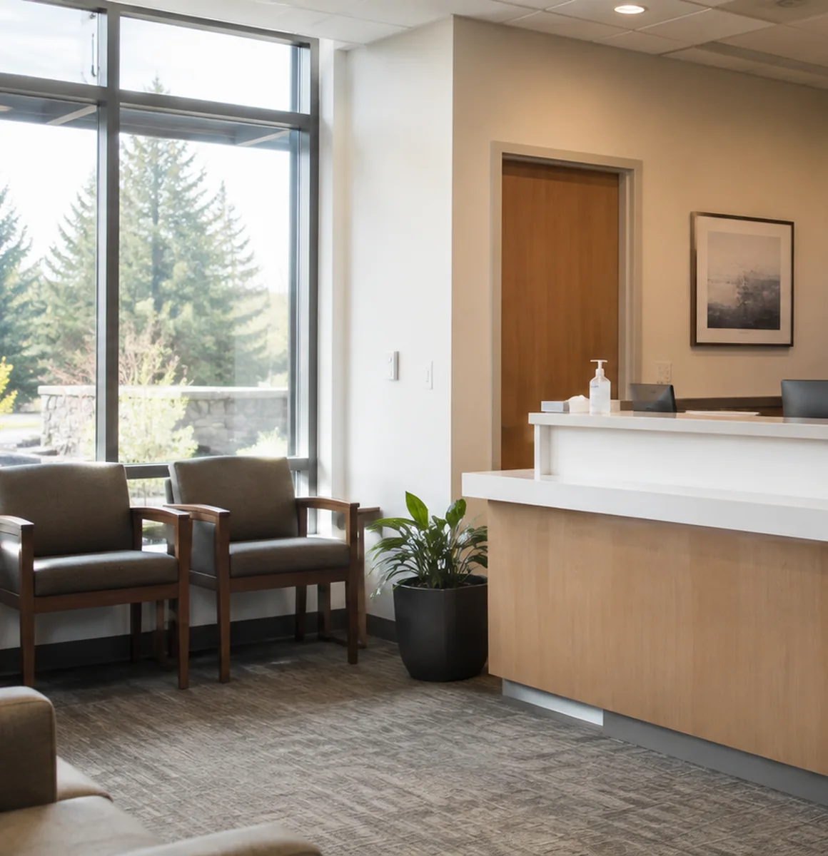 Front desk and waiting area at a Work Well Clinics occupational medicine clinic in Washington