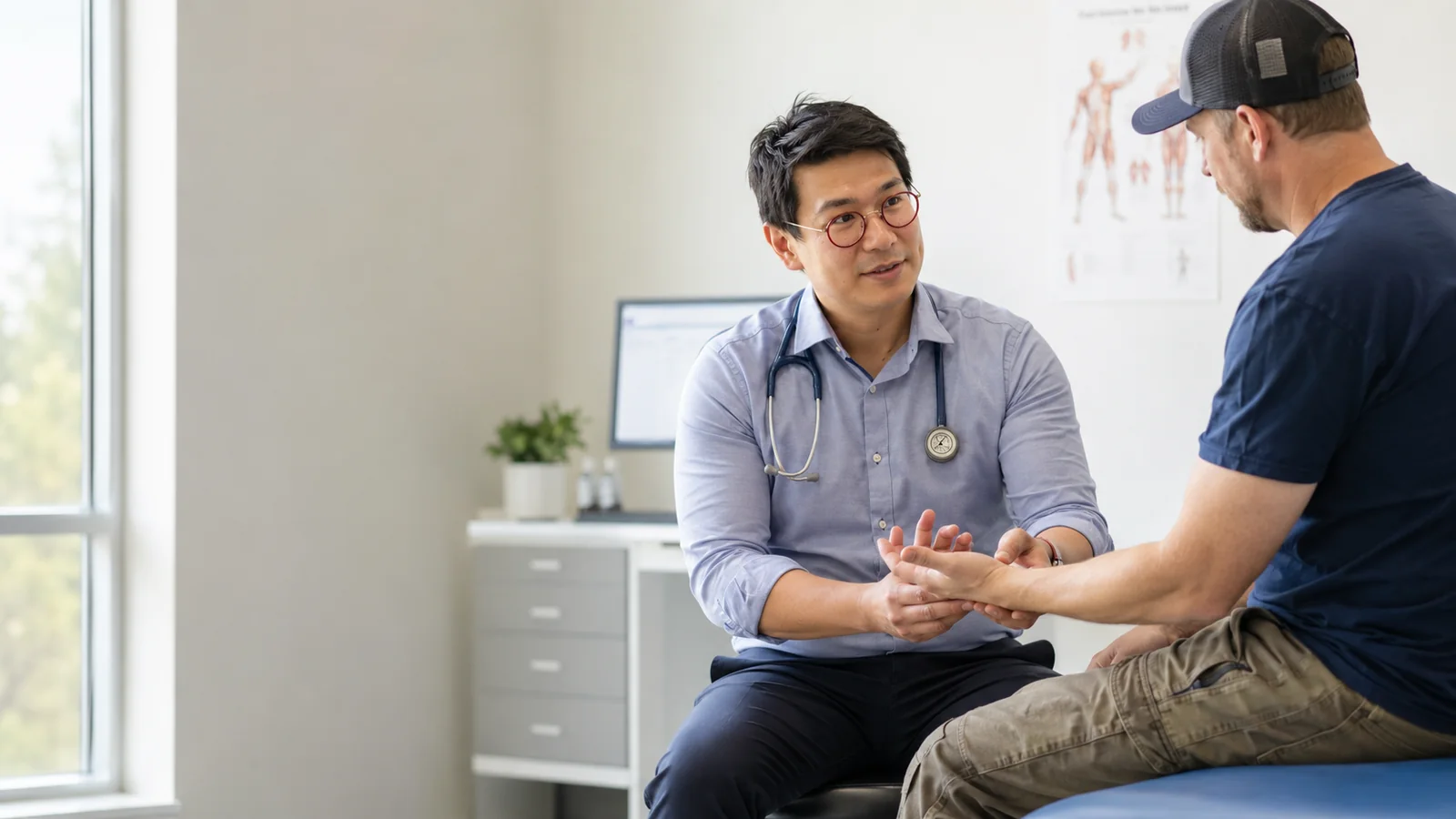 Occupational medicine physician examining an injured worker's wrist at Work Well Clinics in Washington