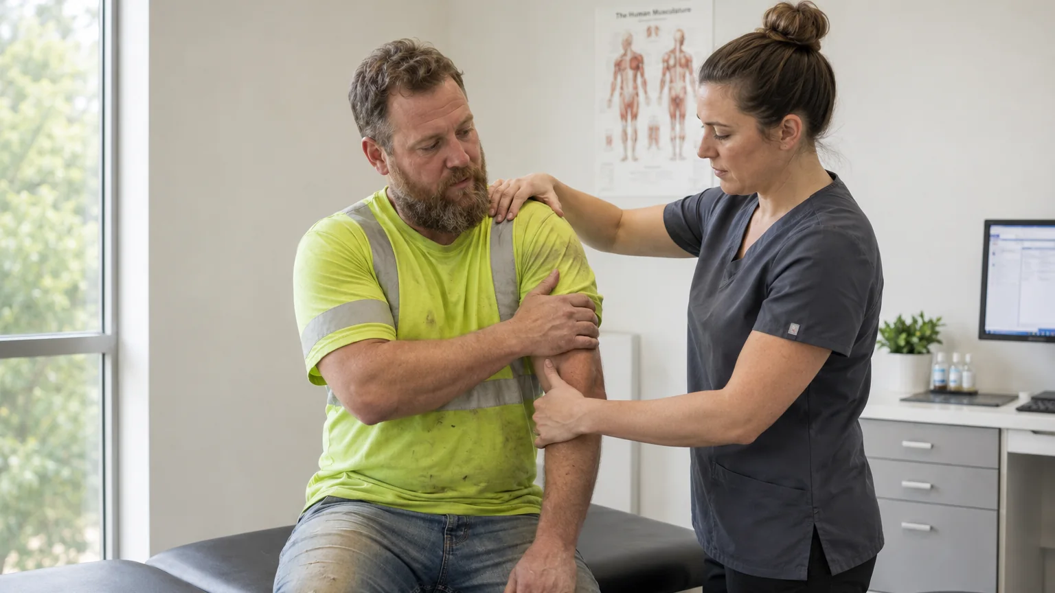 Workers comp doctor in Kirkland evaluating a construction worker's shoulder injury