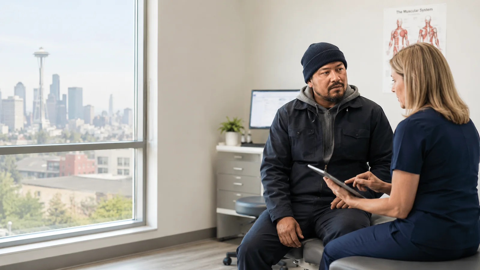 Workers comp doctor in Seattle meeting an injured worker at the Fremont L&I clinic
