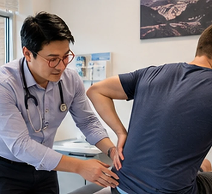 Occupational medicine physician evaluating an injured worker's lower back at a Work Well Clinics exam